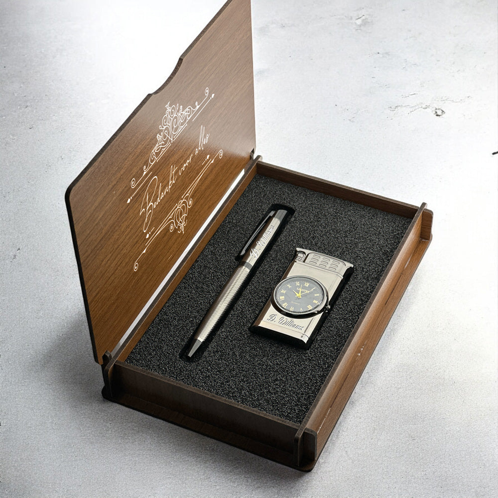 Personally Engraved Lighter with Watch and Ballpoint Pen Gift Set - In Wooden Box D2