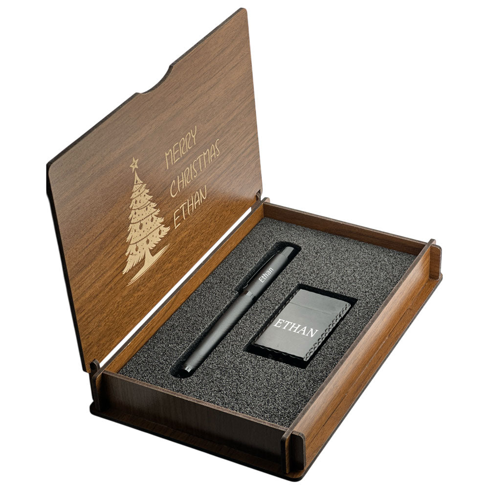 Christmas Gift - Personally Engraved Lighter with Rollerball Pen Gift Set - In Wooden Box