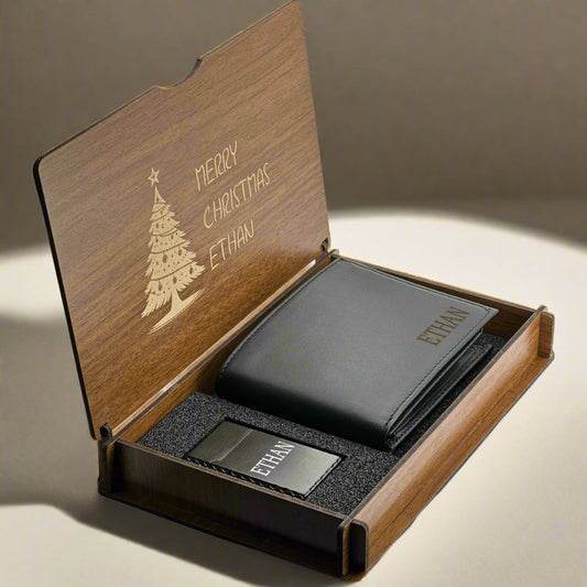 Luxury Christmas gifts: Leather Wallet, Lighter in Wooden Box - Customizable