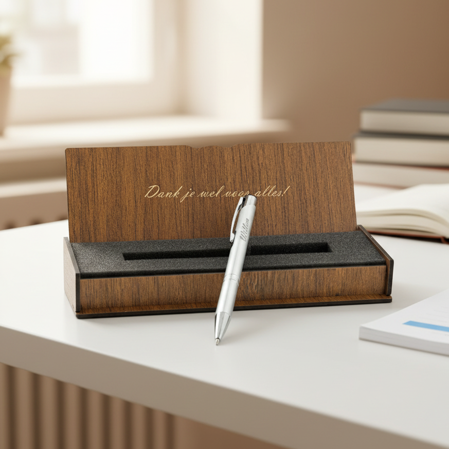 Personalized ballpoint pen - Writing set with engraved wooden box