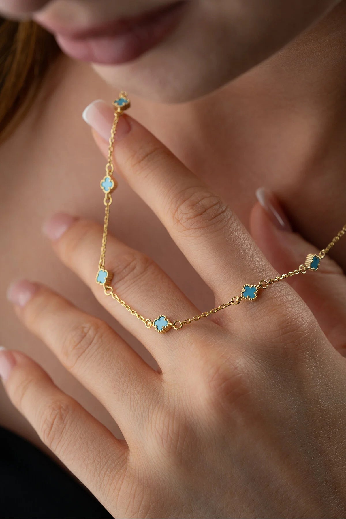 Lucky Blue 925 - Gilded necklace with Turquoise Clover Four