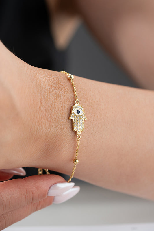 Gold Plated Bracelet with Hamsa Hand & Eye