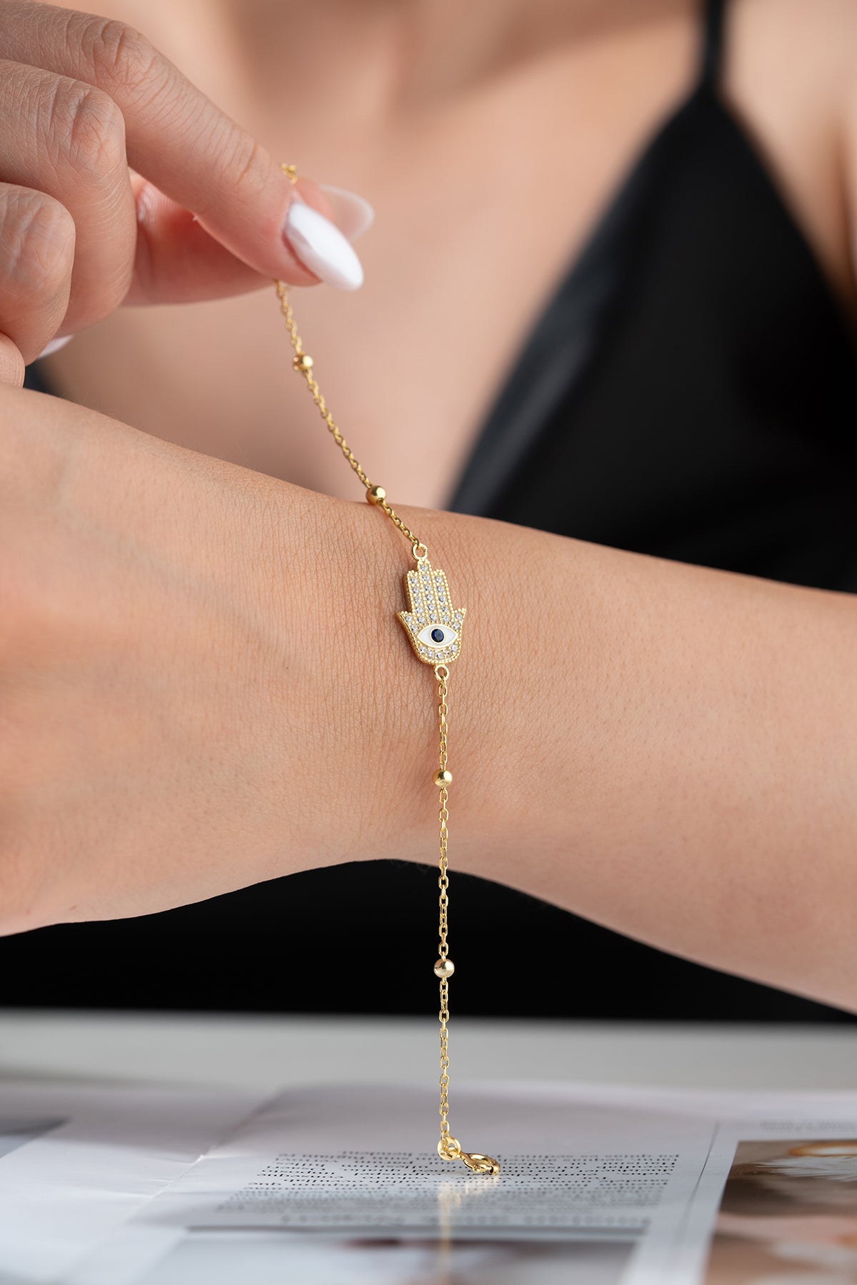 Gold Plated Bracelet with Hamsa Hand & Eye