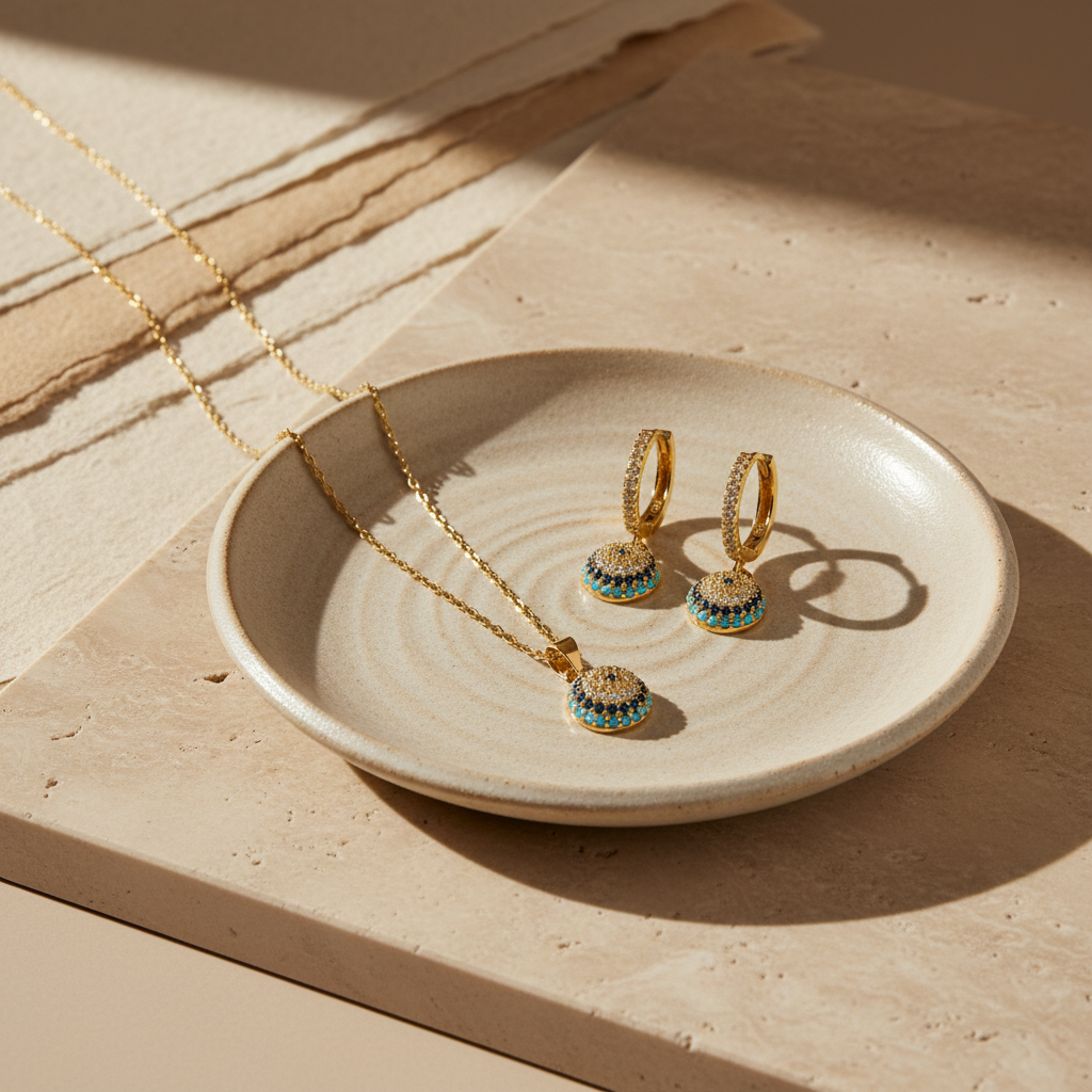 Evil Eye Necklace & Earrings Set – 925 Sterling Silver