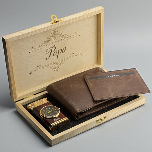 Gepersonaliseerde Cadeauset met Leren Portemonnee, Aansteker & Houten Doos