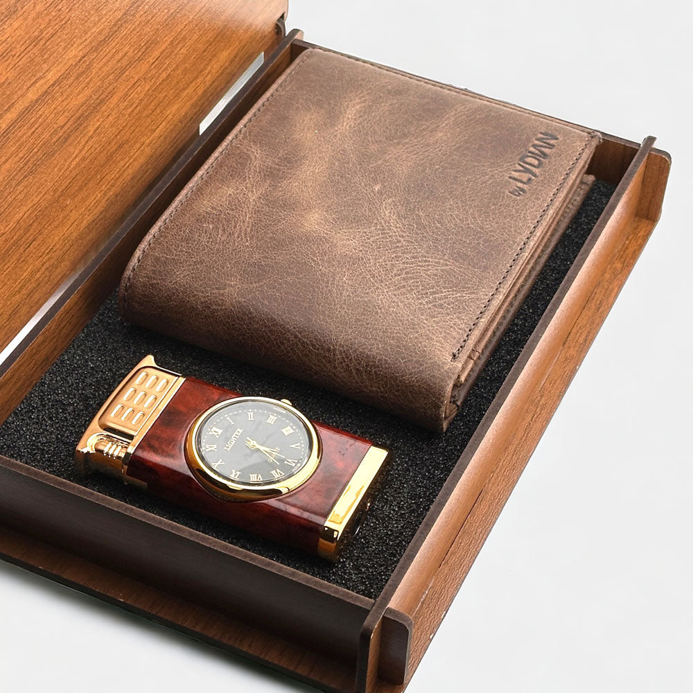 Luxury Gift Set: Leather Wallet, Watch Lighter in Wooden Box - Customizable