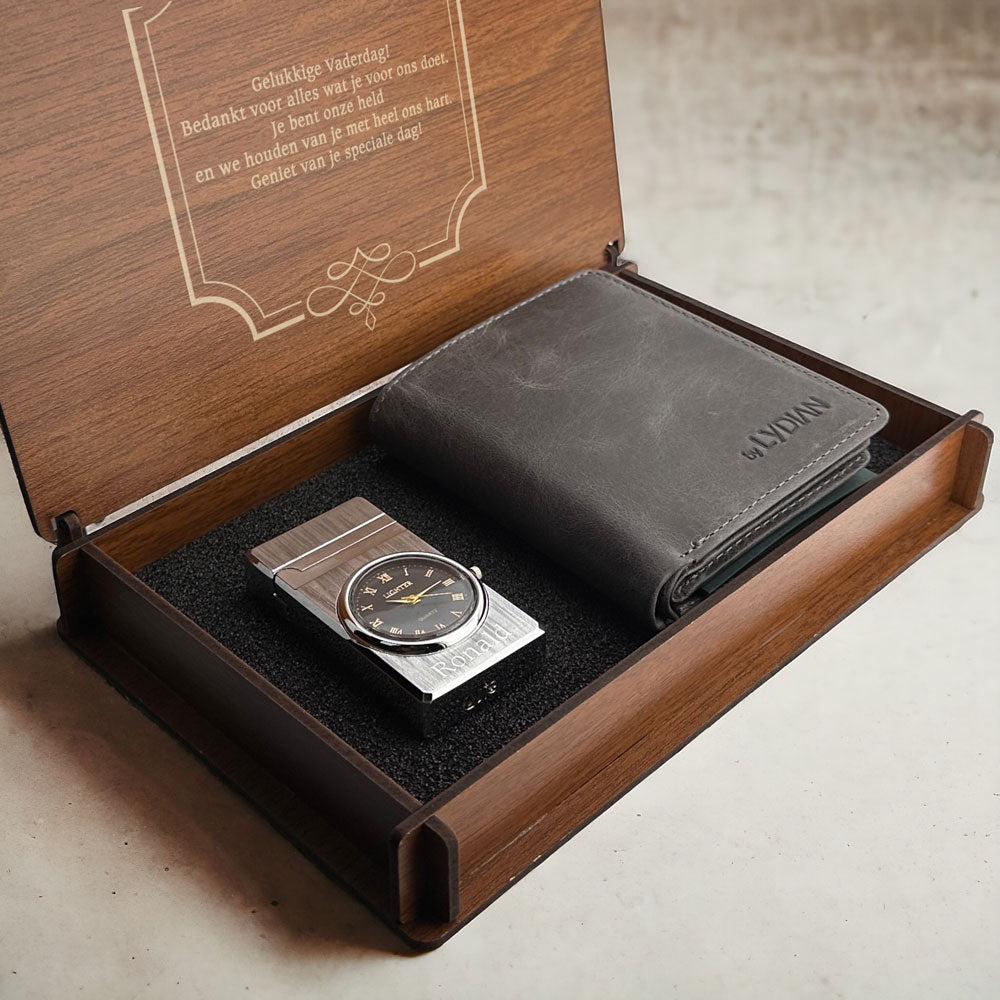 Luxury Gift Set: Leather Wallet, Watch Lighter in Wooden Box - Customizable