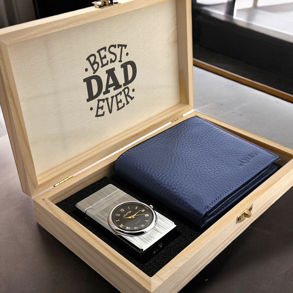 Luxury Gift Set: Leather Wallet, Watch Lighter in Wooden Box - Customizable