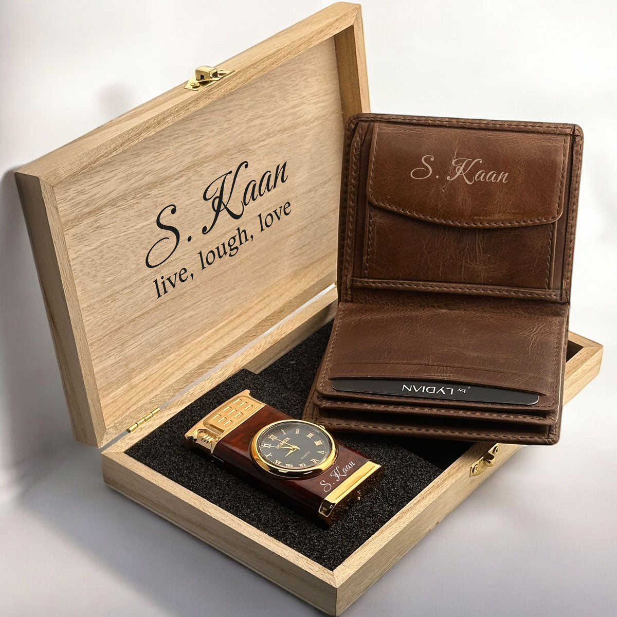 Luxury Gift Set: Leather Wallet, Watch Lighter In Wooden Box - Personalizable