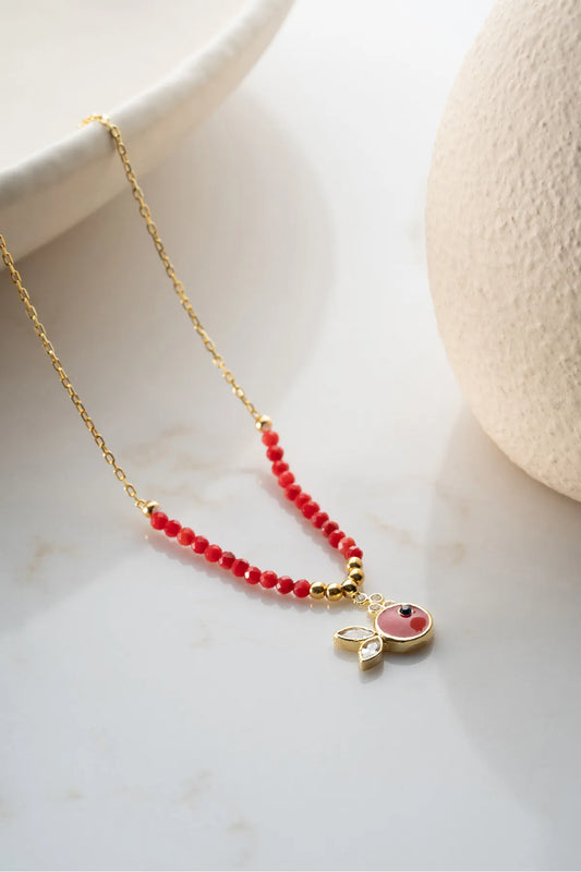 925 Sterling Zilveren Ketting met Rode Emaille Vis en Kralen