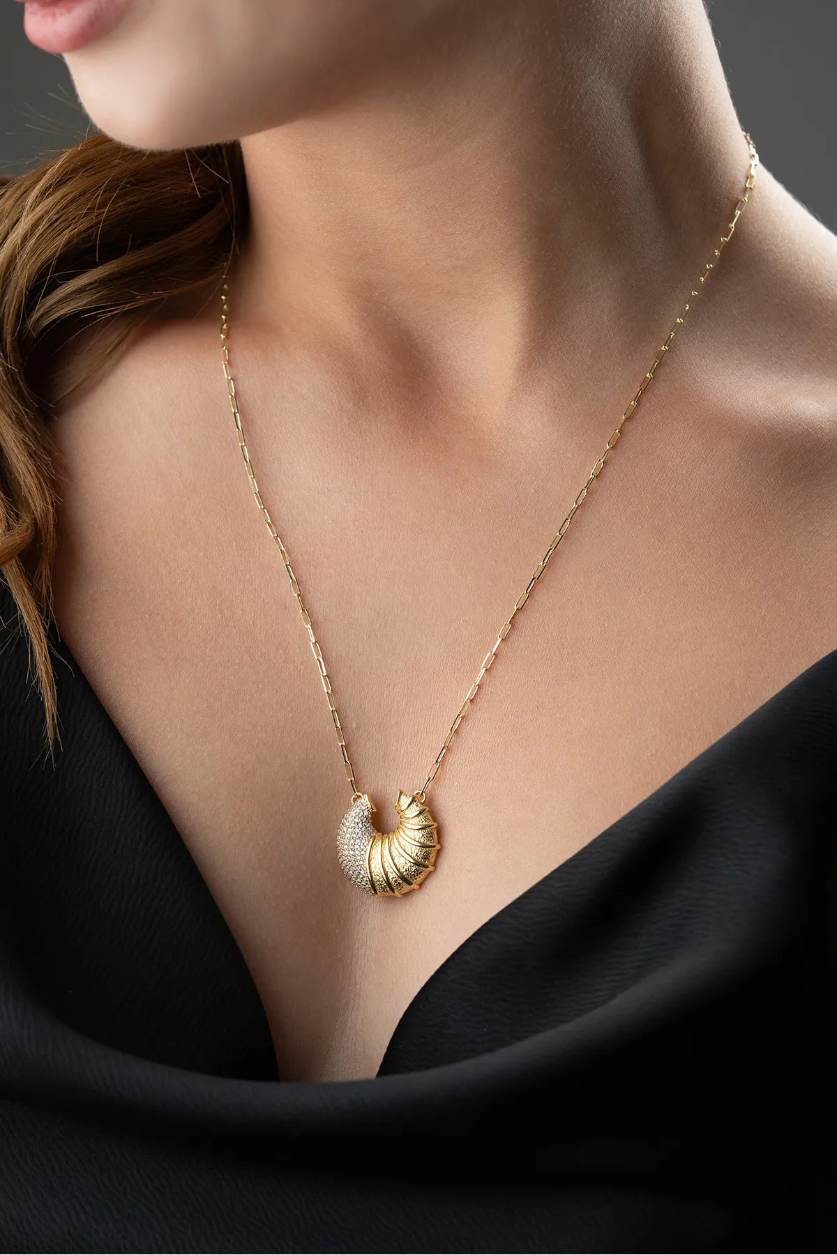 925 Sterling Zilveren Croissant Ketting met Steentjes