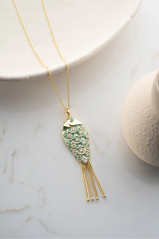 925 Sterling Zilveren Ketting met Vis en Kettingfranje