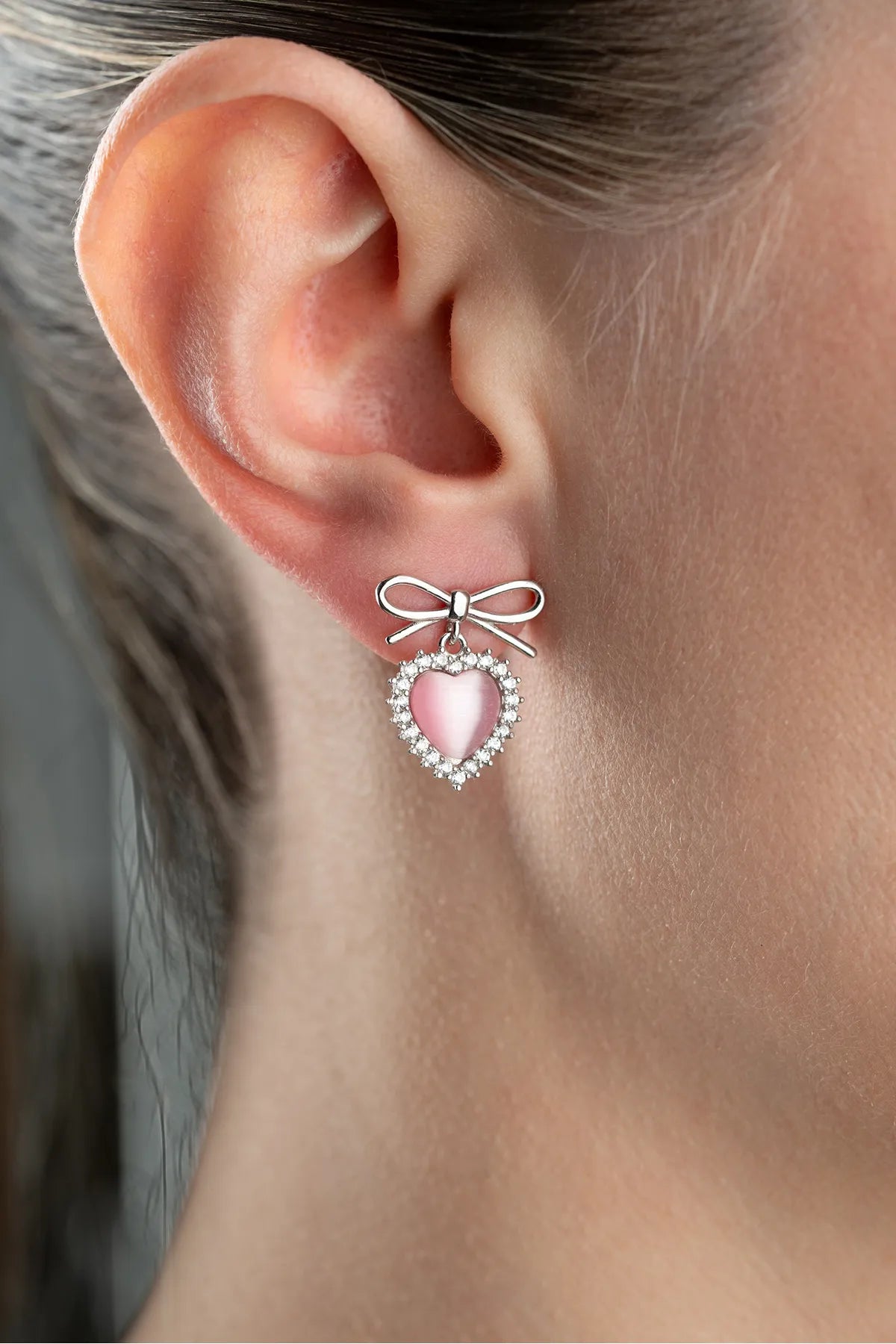 925 Sterling Zilveren Oorbellen met Strik en Roze Hart