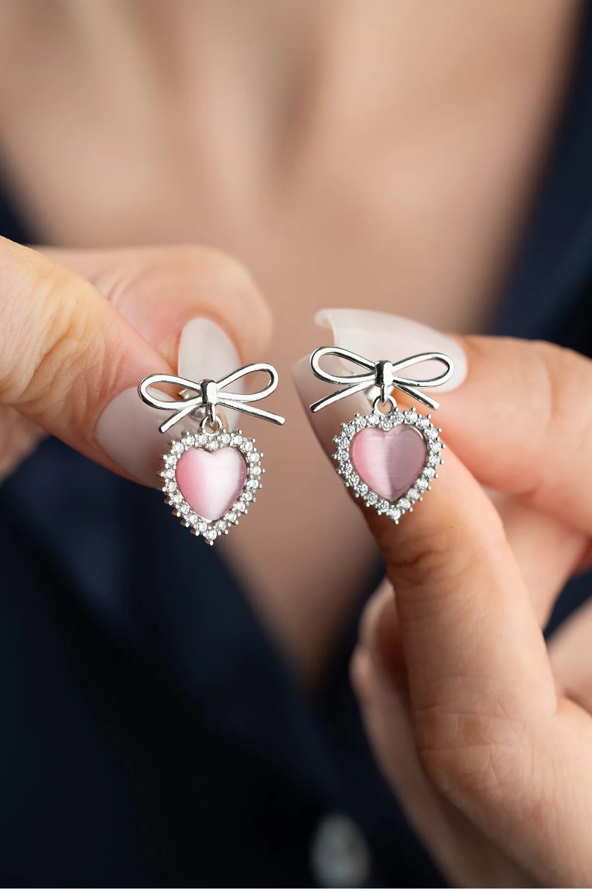 925 Sterling Zilveren Oorbellen met Strik en Roze Hart