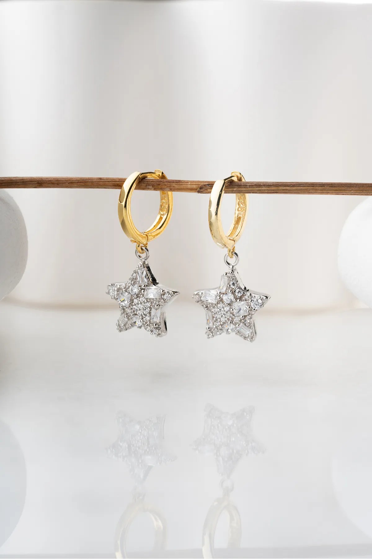 925 Sterling Zilveren Oorbellen met Baguette Ster Hanger
