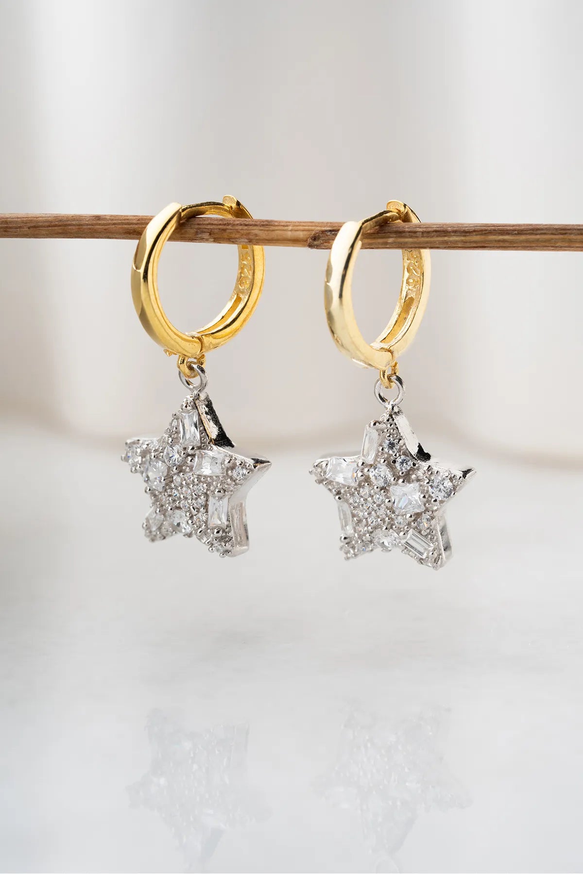 925 Sterling Zilveren Oorbellen met Baguette Ster Hanger