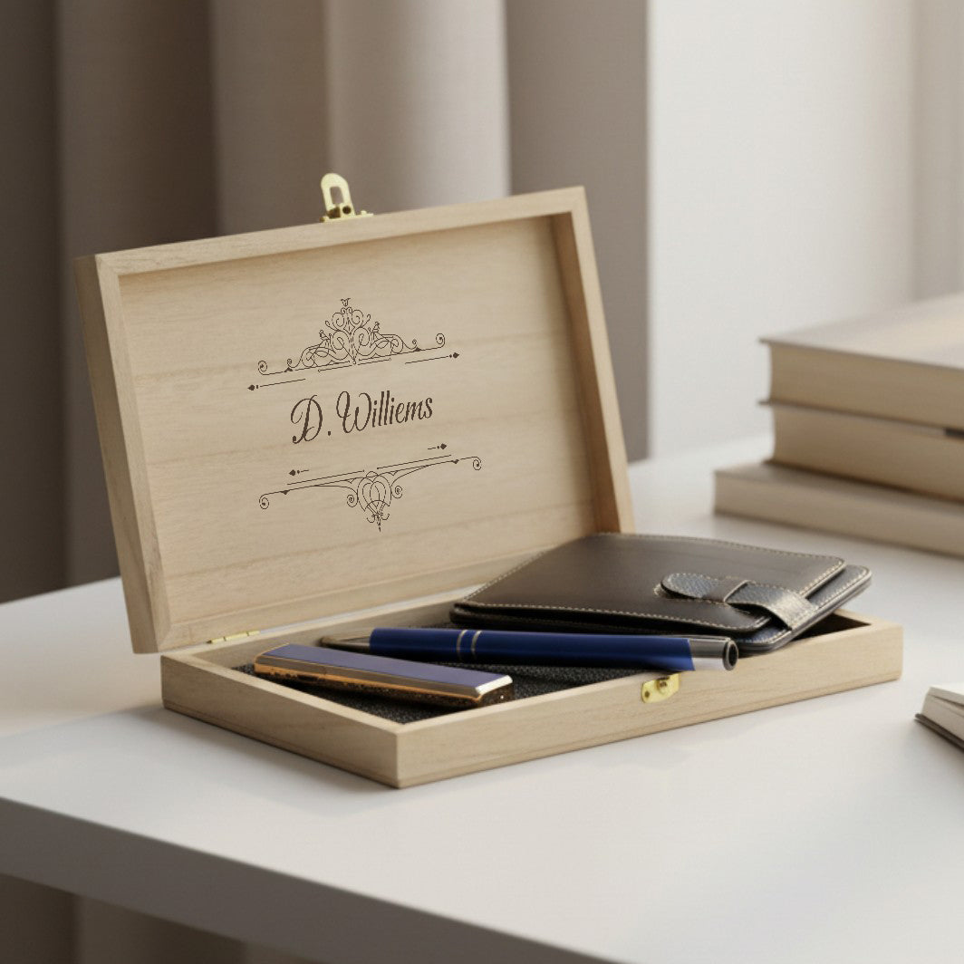 Personalized Leather Card Holder, USB Lighter & Blue Pen Gift Set