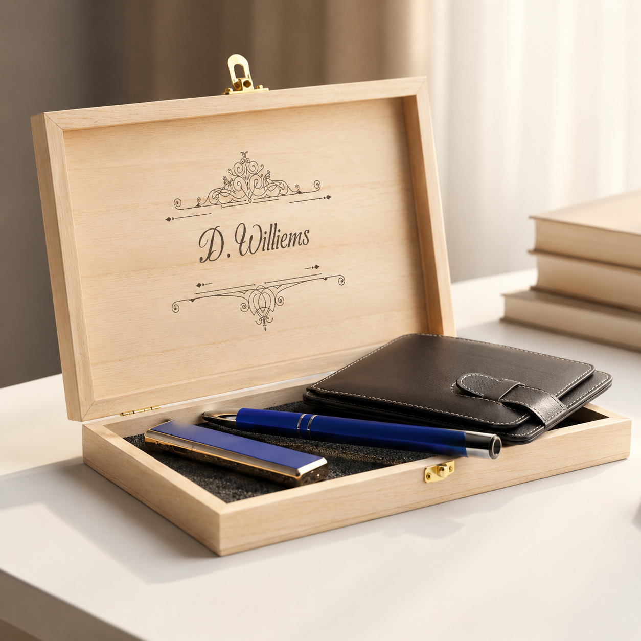 Personalized Leather Card Holder, USB Lighter & Blue Pen Gift Set