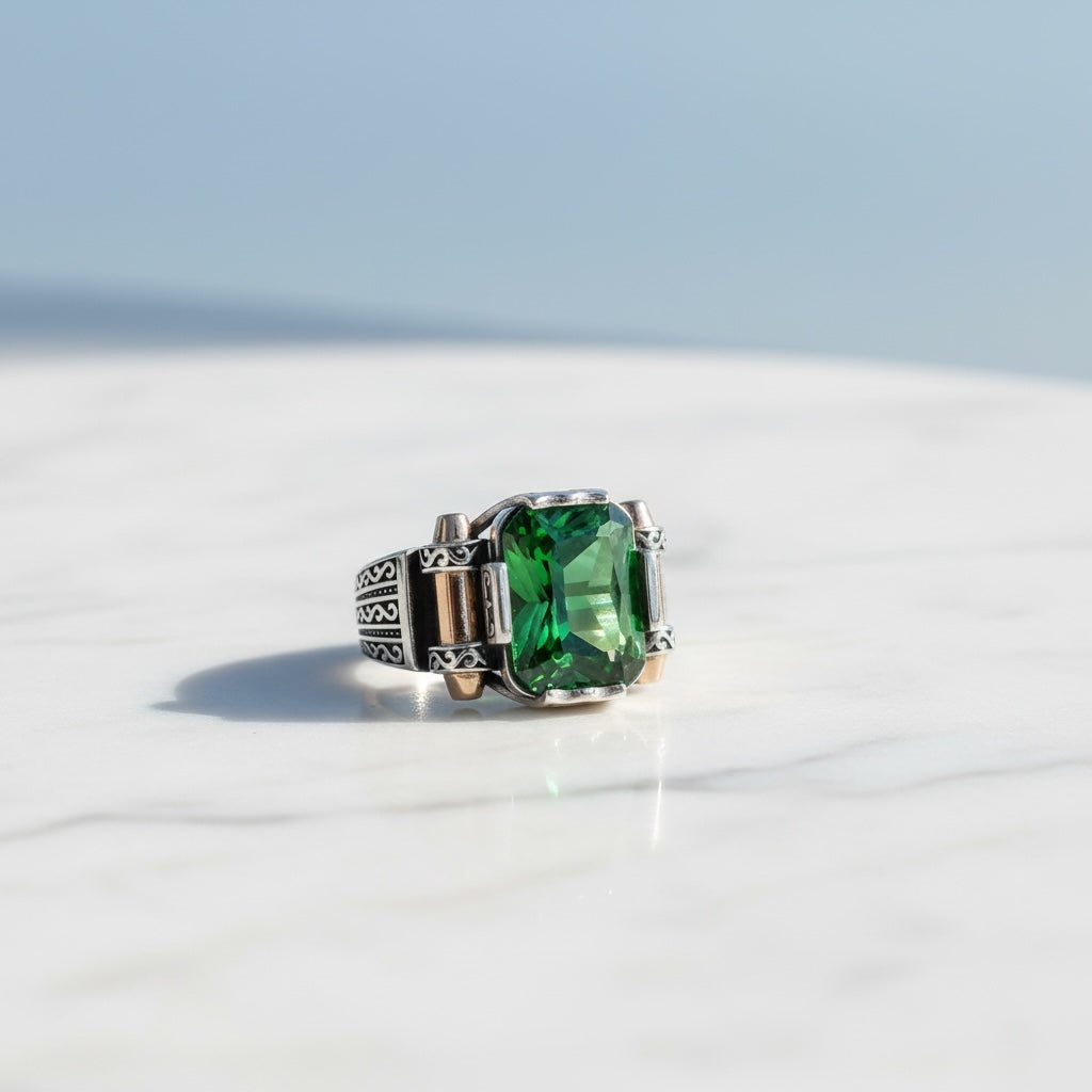 Men's ring with green Zirconia - 925 sterling silver