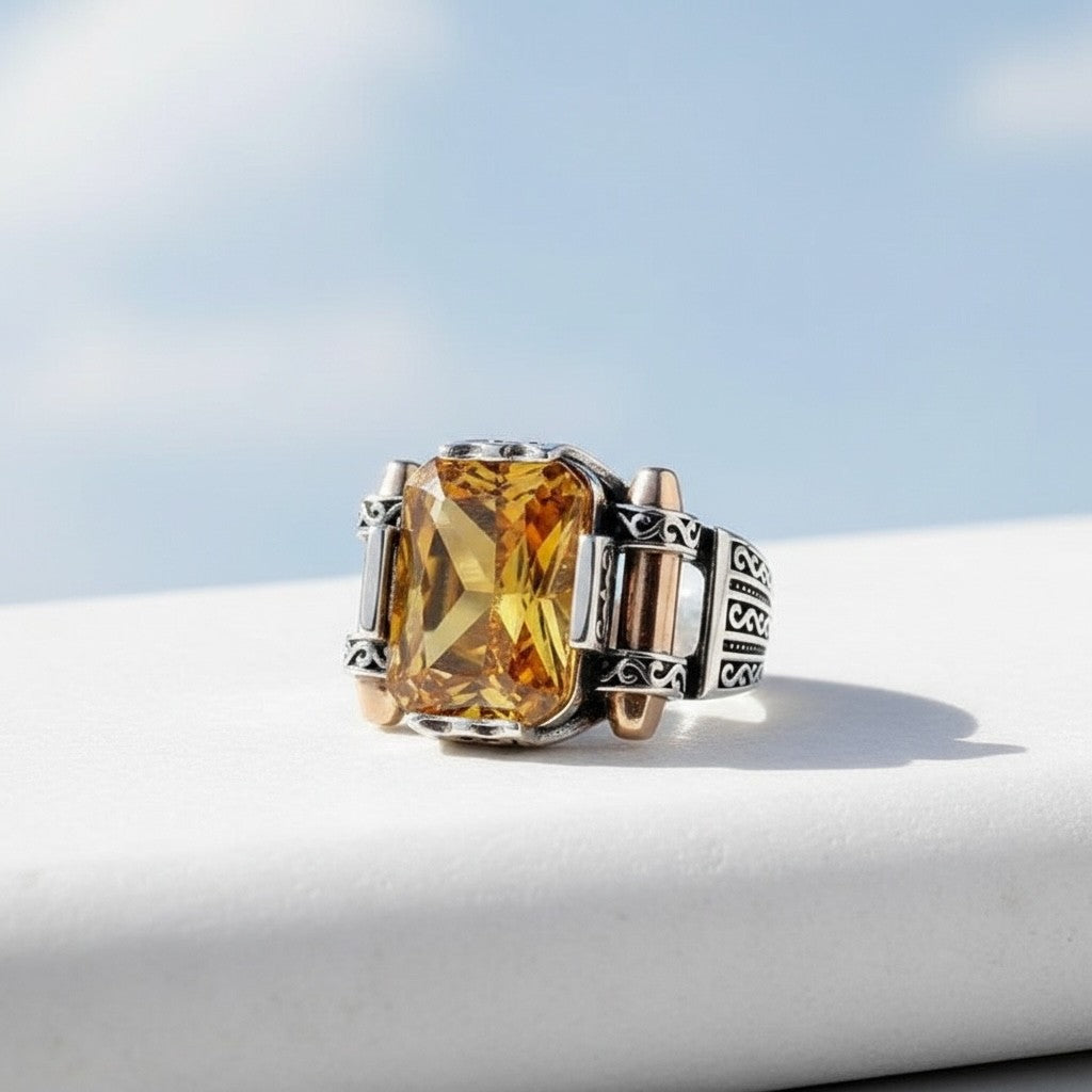Men's ring with yellow Zirconia - 925 sterling silver