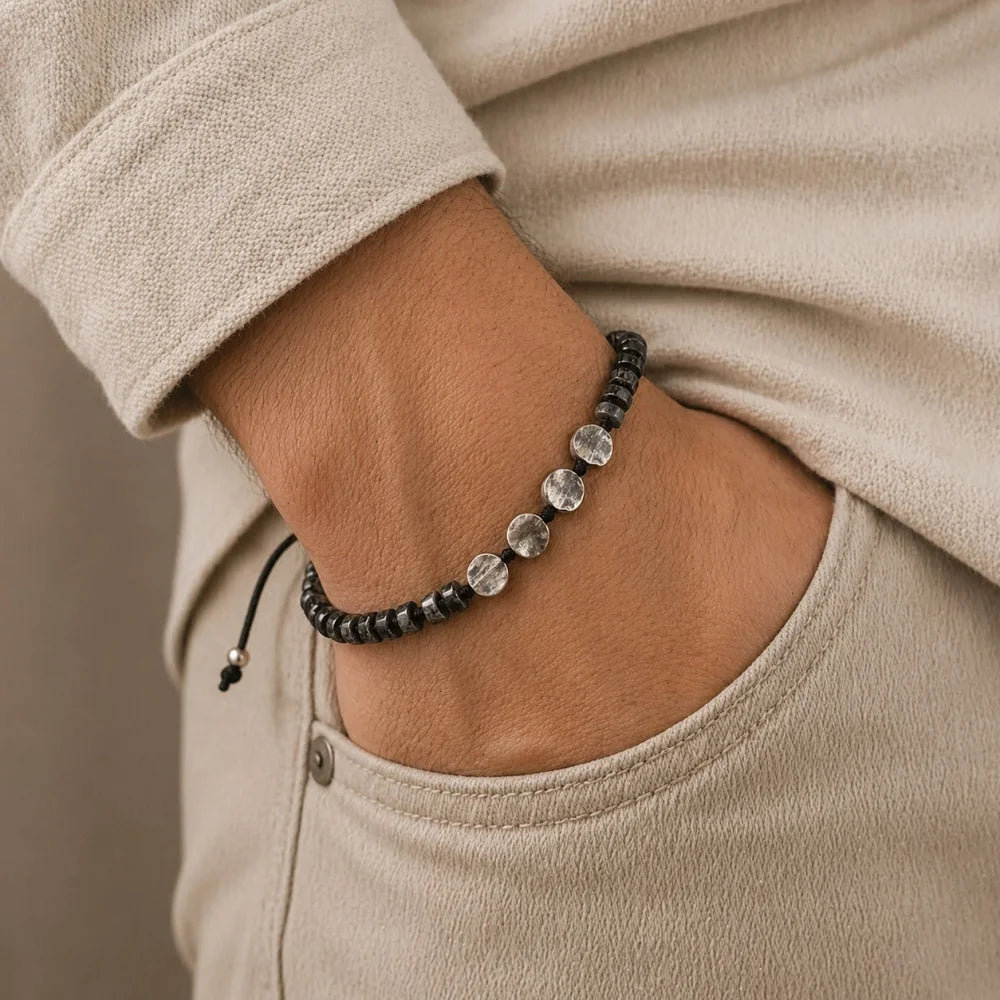 Sneeuwvlok Obsidiaan Macramé Herenarmband | 925 Zilver
