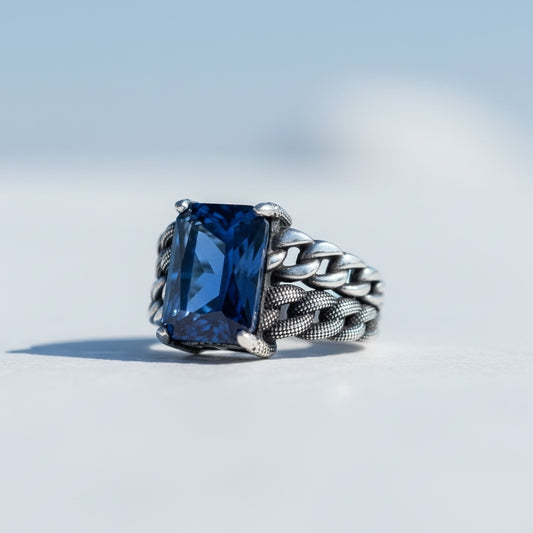 Silver men's ring with blue stone