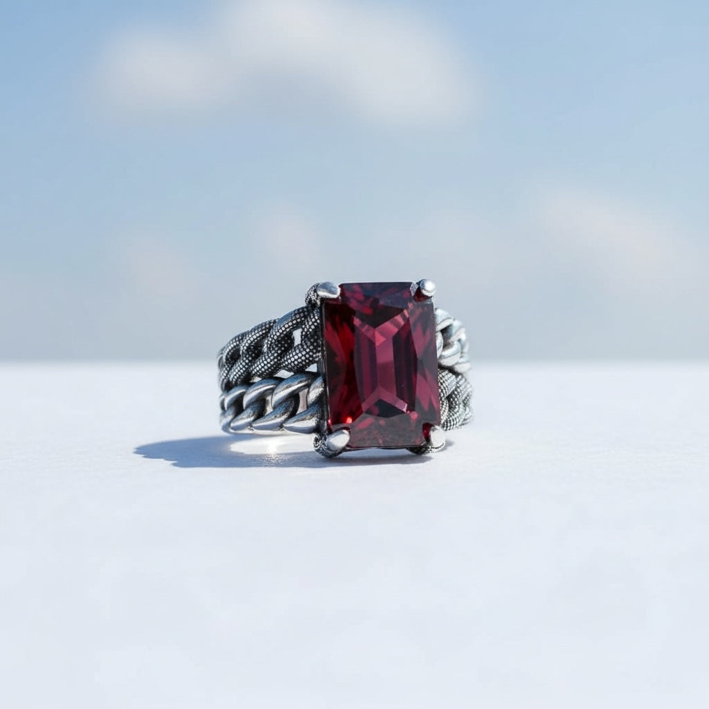 925 Silver Men's Ring With Red Stone