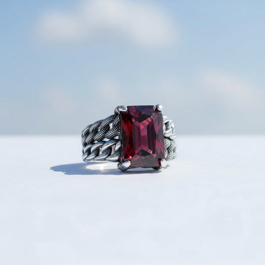 925 Silver Men's Ring With Red Stone