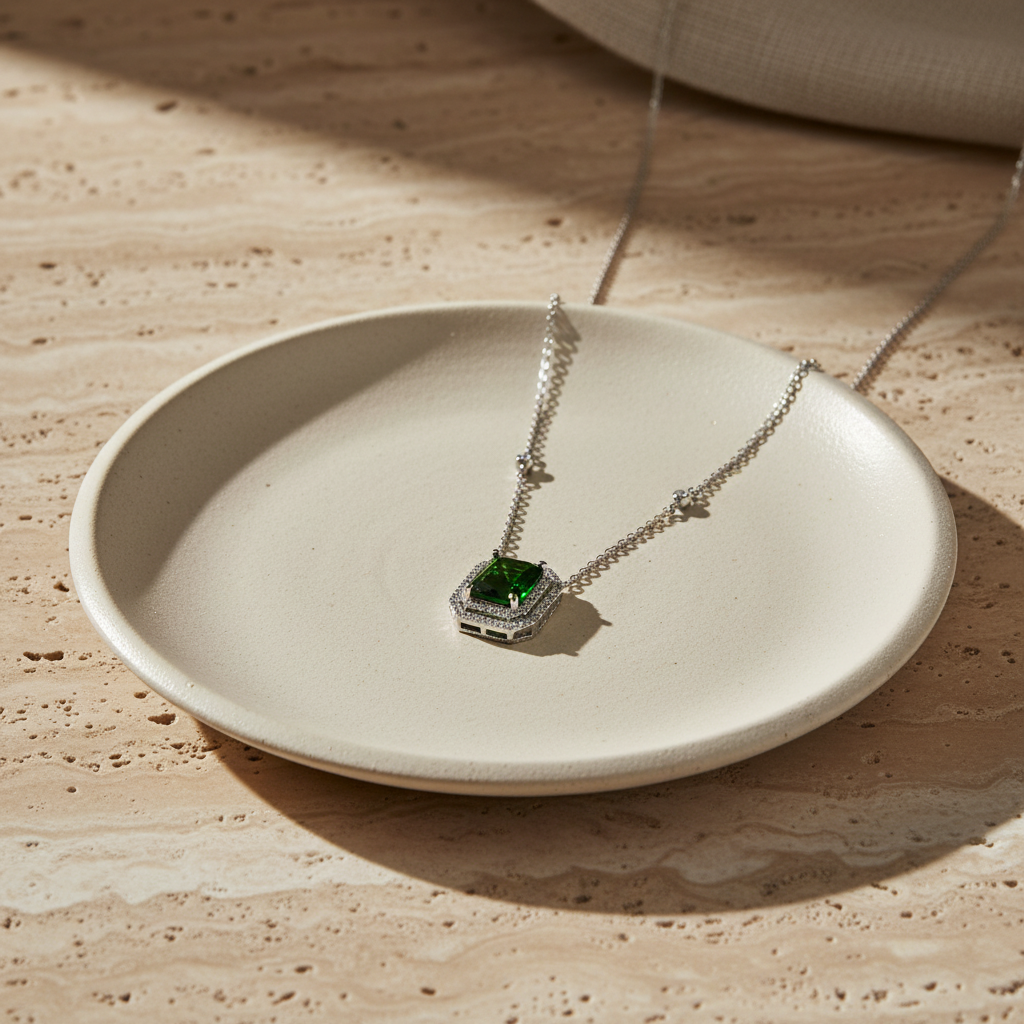 Elegant 925 sterling silver necklace with rectangular green Zirconia