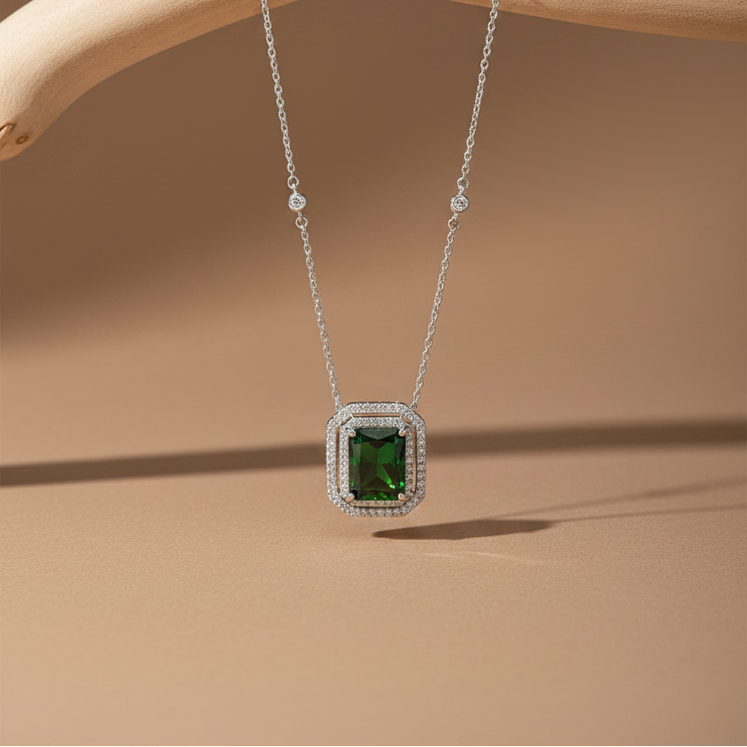 Elegant 925 sterling silver necklace with rectangular green Zirconia