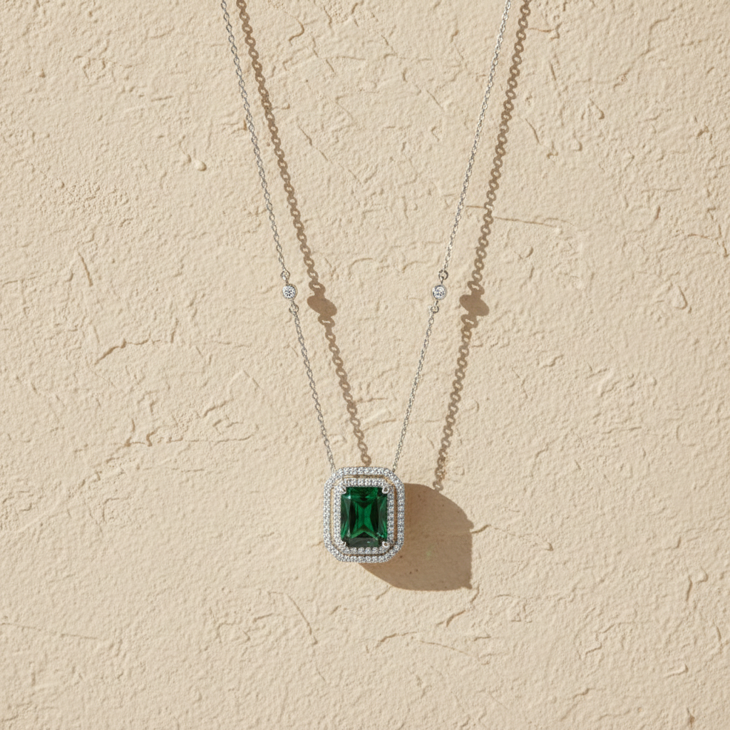 Elegant 925 sterling silver necklace with rectangular green Zirconia