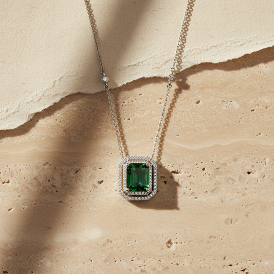 Elegant 925 sterling silver necklace with rectangular green Zirconia