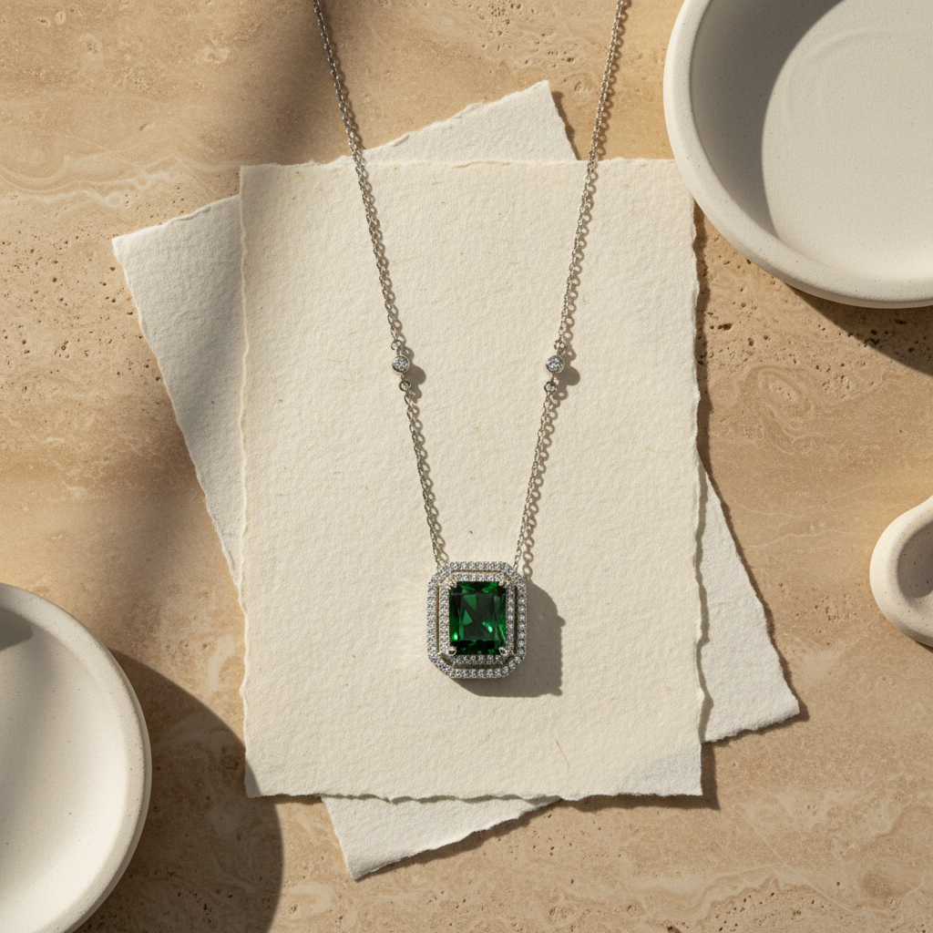 Elegant 925 sterling silver necklace with rectangular green Zirconia