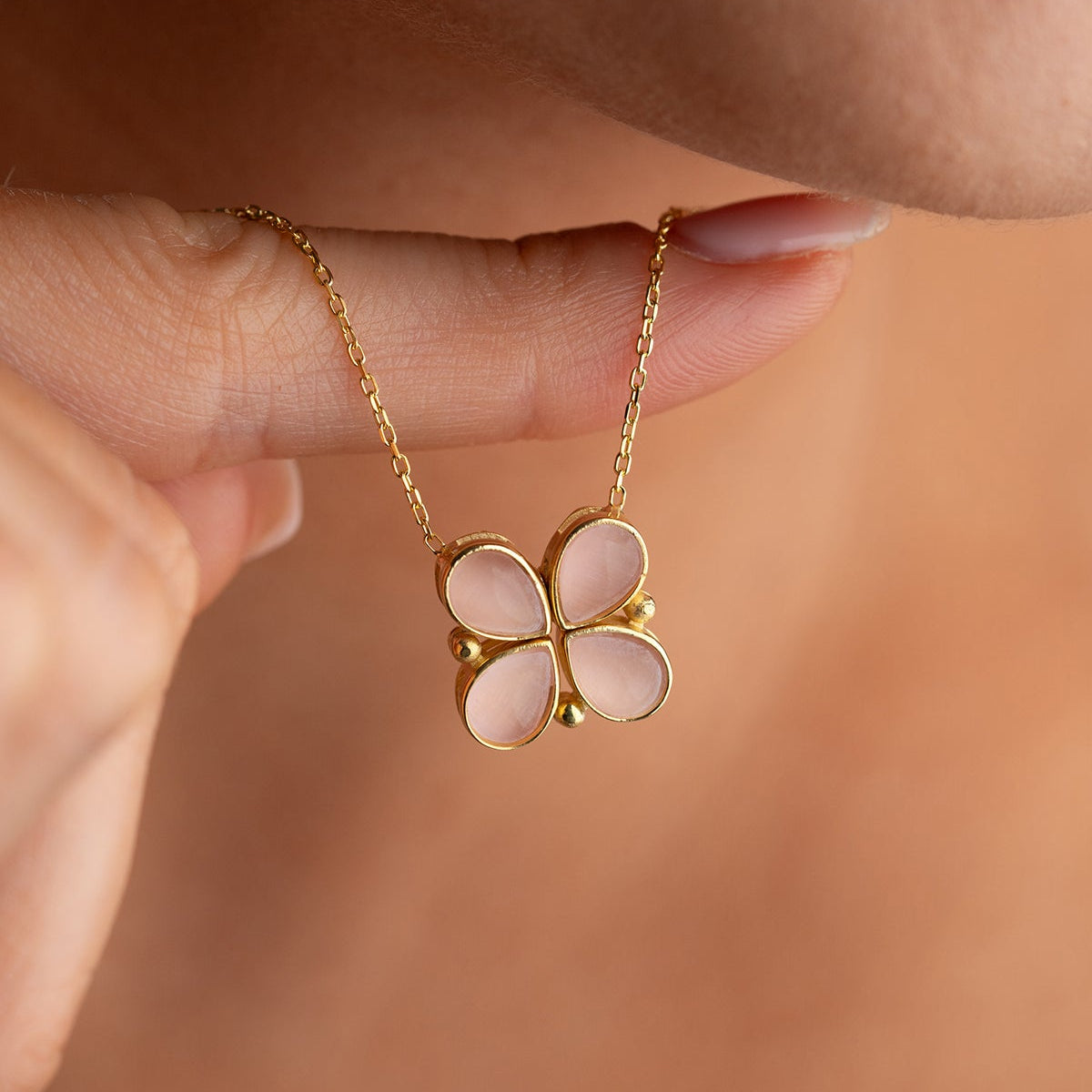 Klaver Ketting met Roze Stenen | 925 Zilver