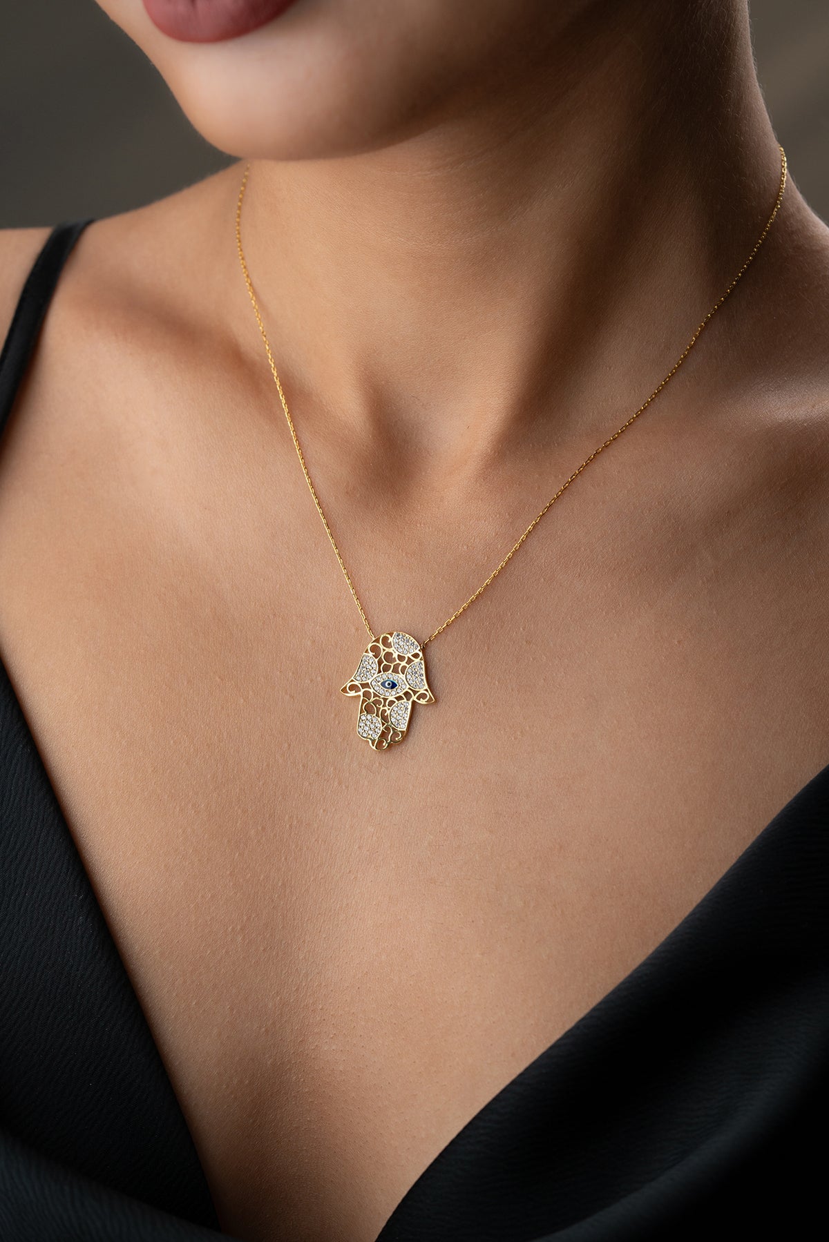 Hamsa Hand Necklace with Eye - 925 Silver Gold Plated