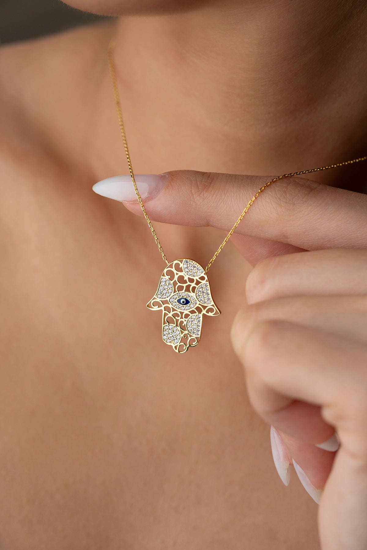 Hamsa Hand Necklace with Eye - 925 Silver Gold Plated