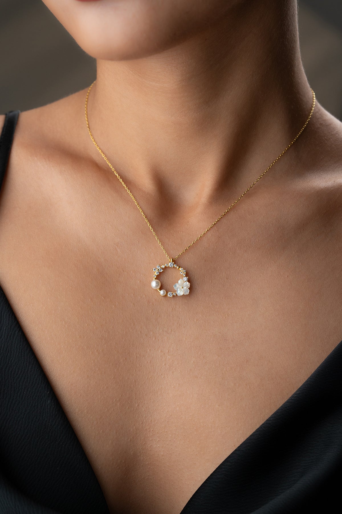 Necklace with Pearl & Flower - 925 Silver Gold Plated