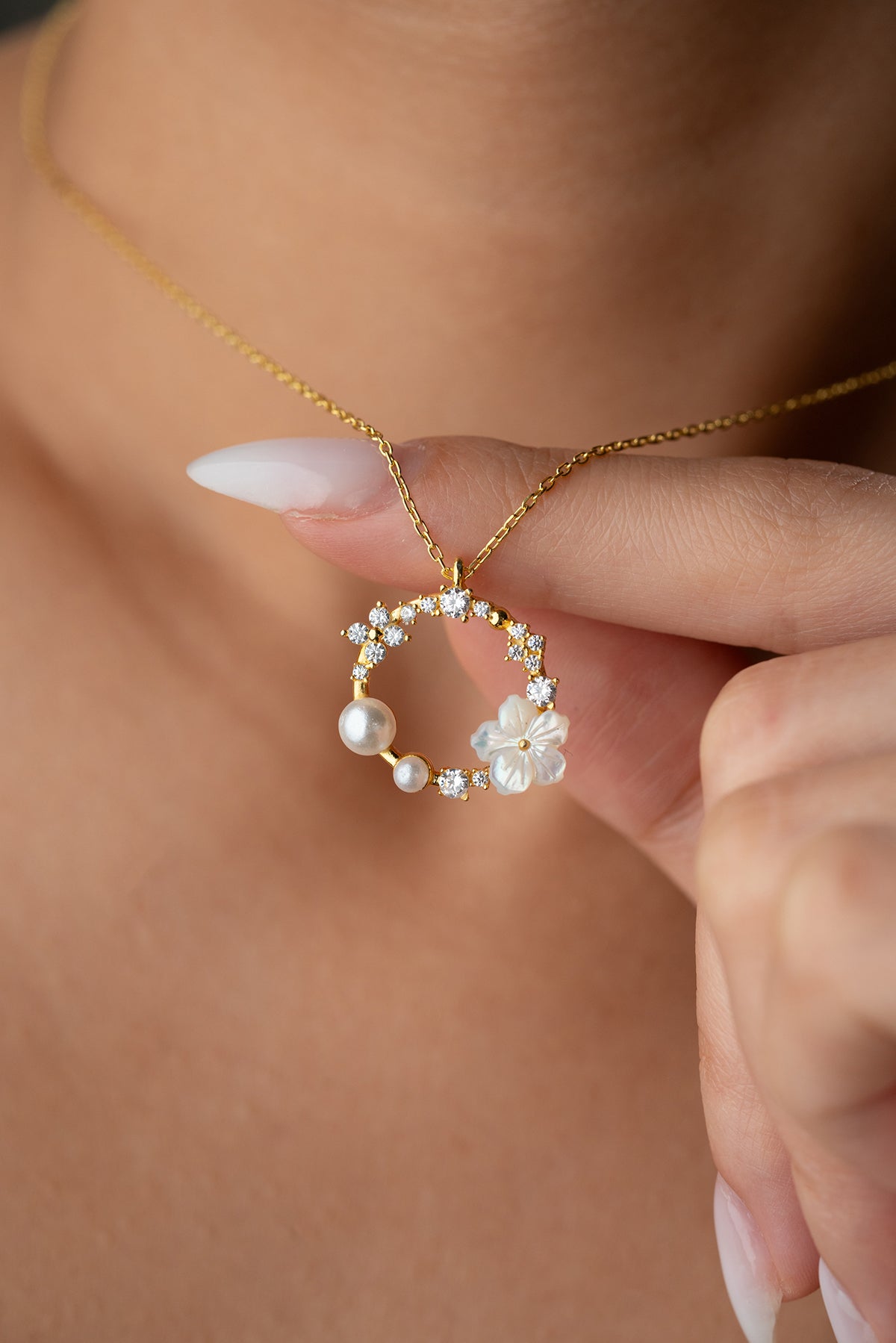 Necklace with Pearl & Flower - 925 Silver Gold Plated