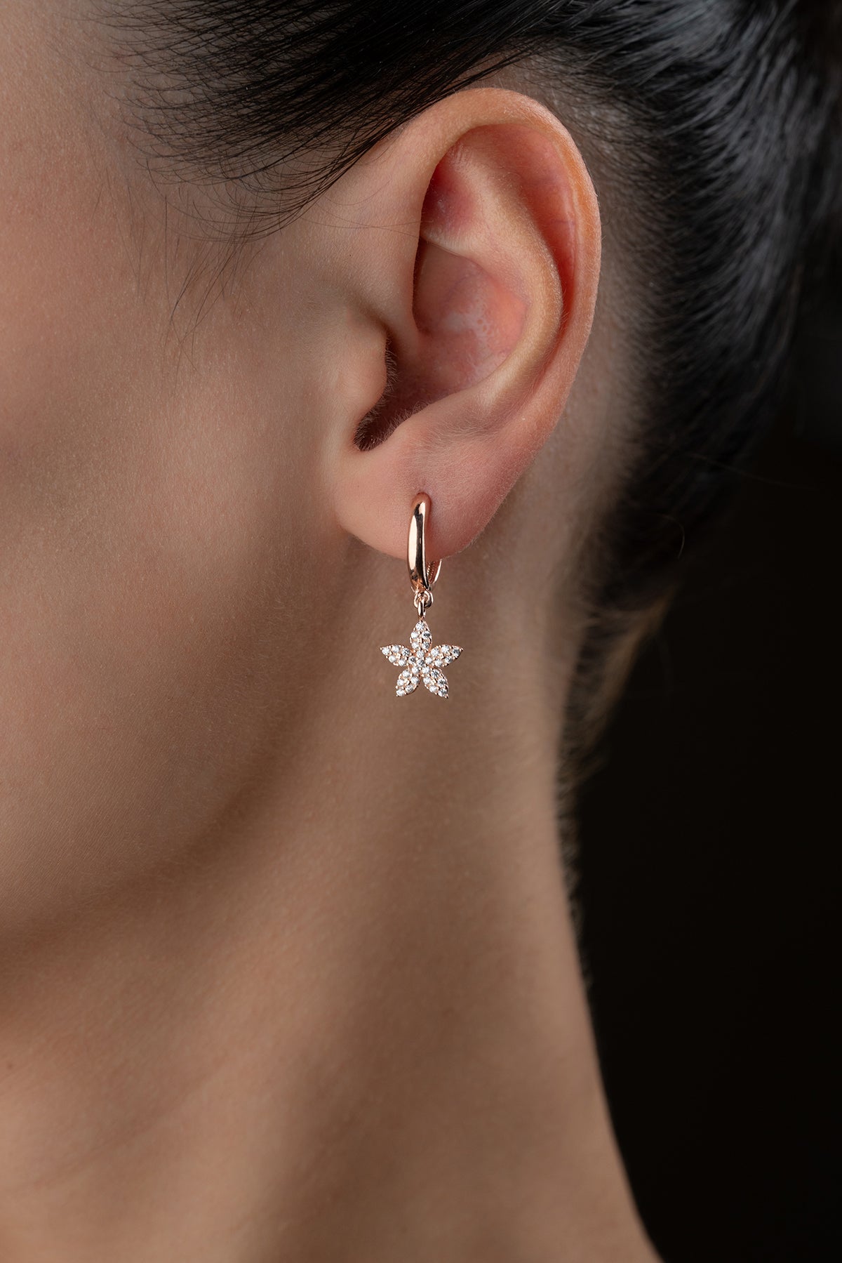 Rose Gold Colored Earrings with Flower Pendant