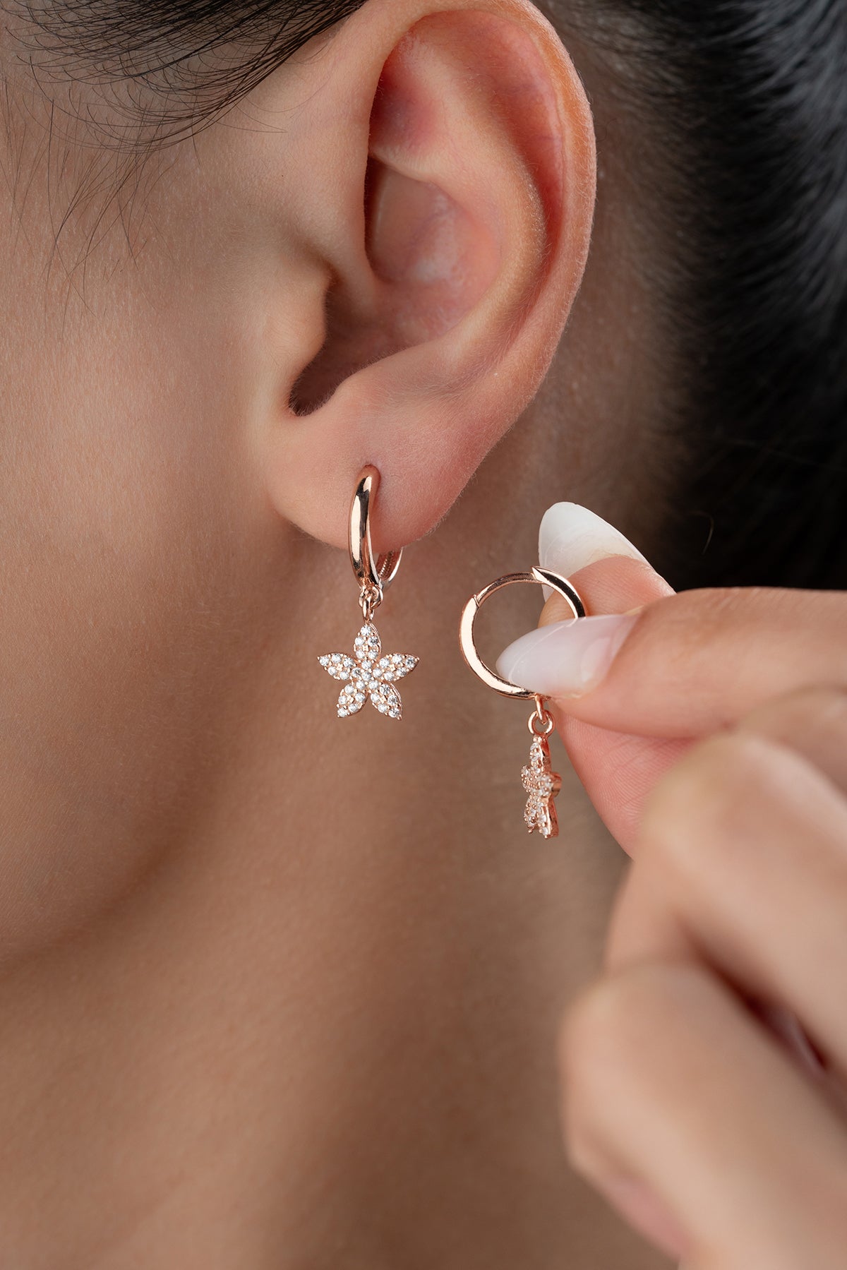 Rose Gold Colored Earrings with Flower Pendant