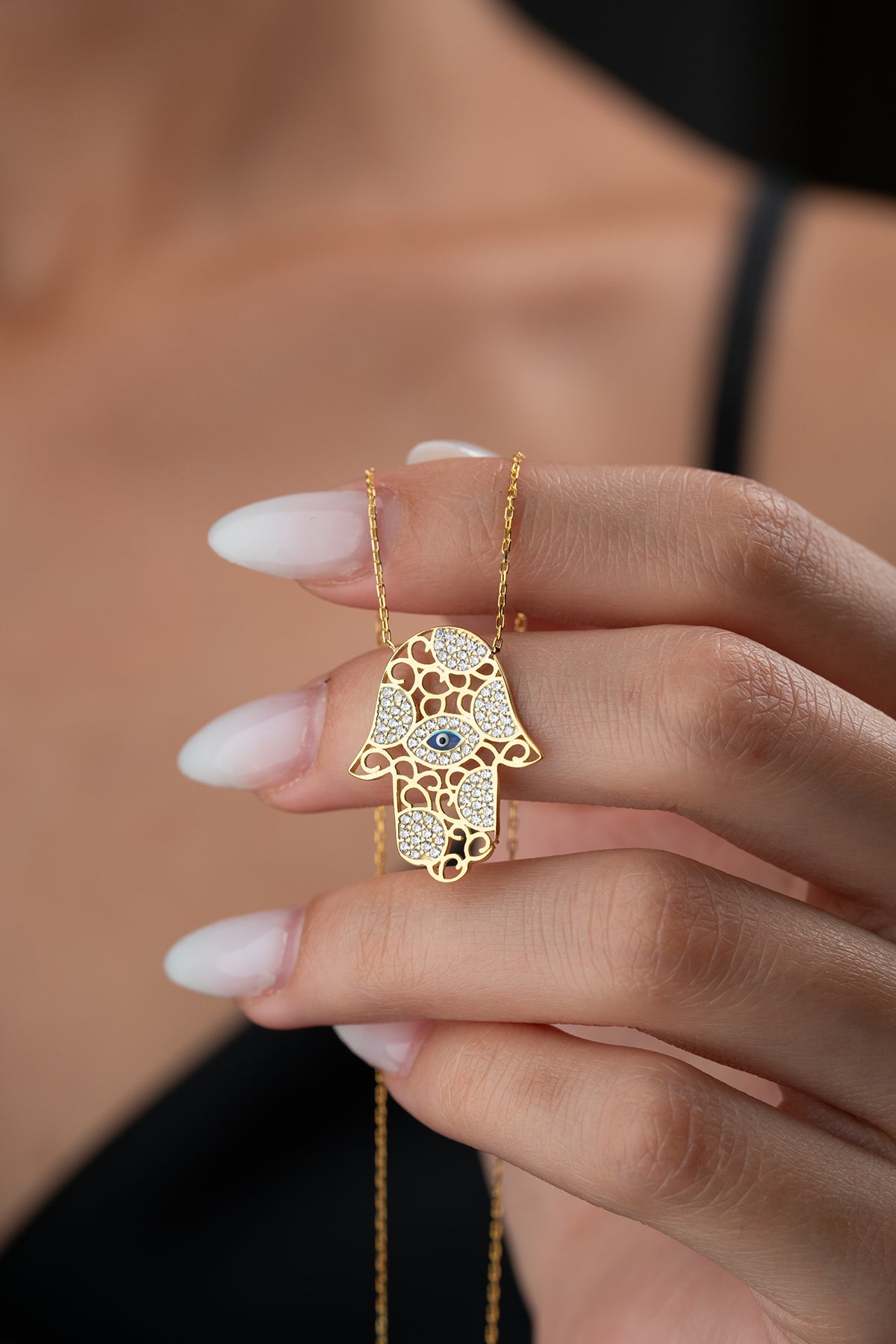 Hamsa Hand Necklace with Eye - 925 Silver Gold Plated