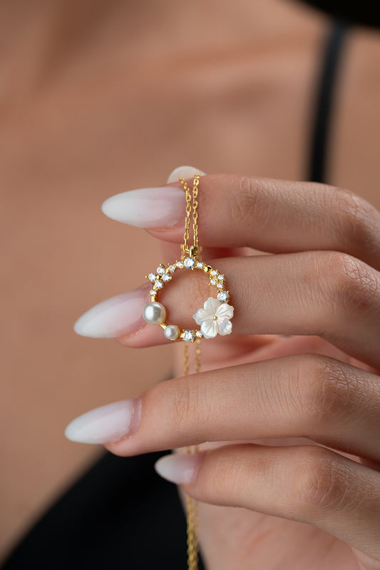 Necklace with Pearl & Flower - 925 Silver Gold Plated