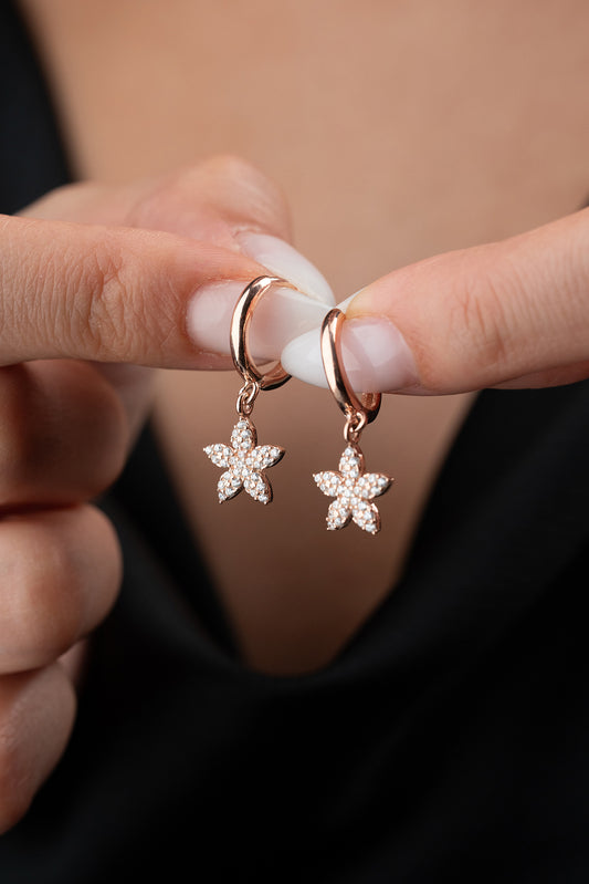 Rose Gold Colored Earrings with Flower Pendant