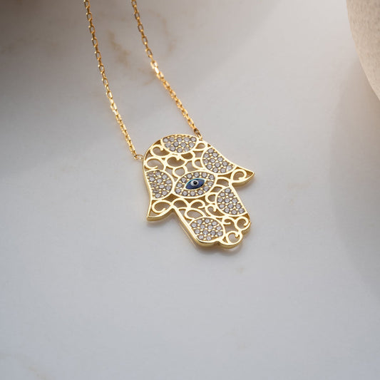 Hamsa Hand Necklace with Eye - 925 Silver Gold Plated