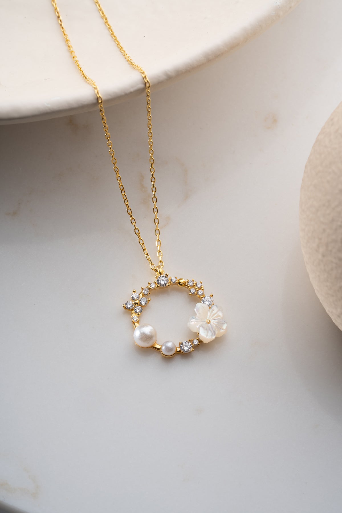 Necklace with Pearl & Flower - 925 Silver Gold Plated