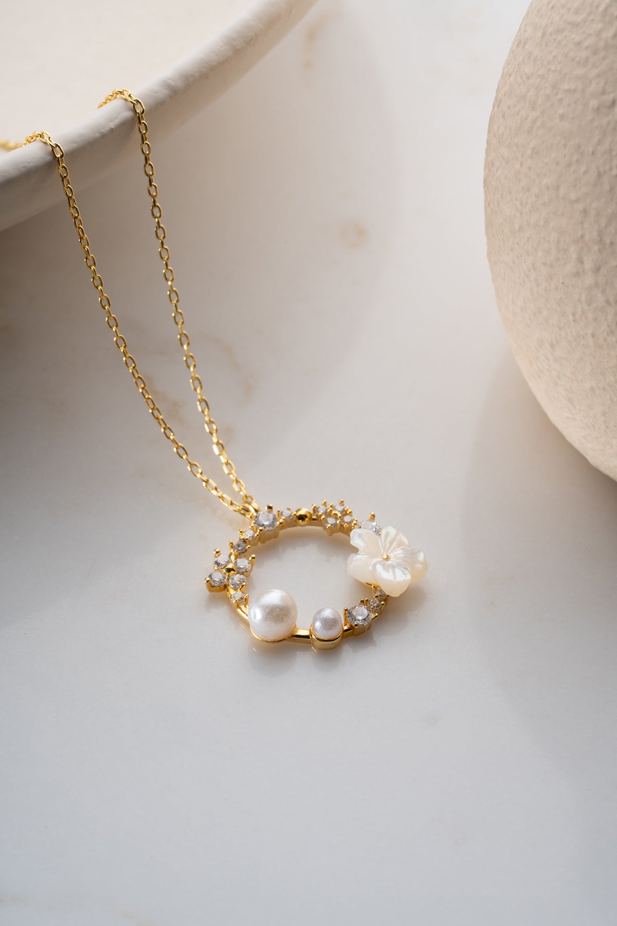 Necklace with Pearl & Flower - 925 Silver Gold Plated