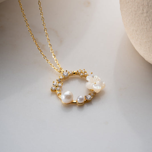 Necklace with Pearl & Flower - 925 Silver Gold Plated
