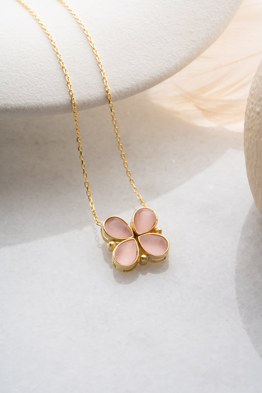 Klaver Ketting met Roze Stenen | 925 Zilver