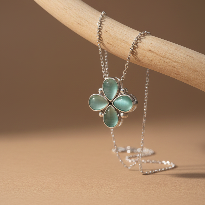 Klaver Ketting met Groene Steen | 925 Zilver