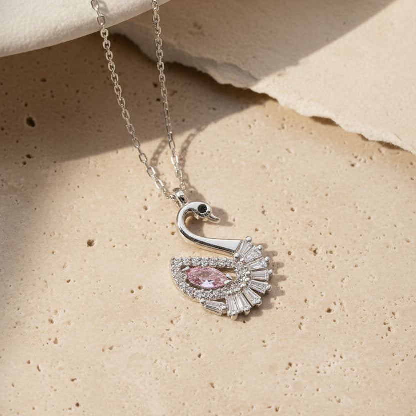Zwaan Ketting met Roze Zirkonia | 925 Zilver